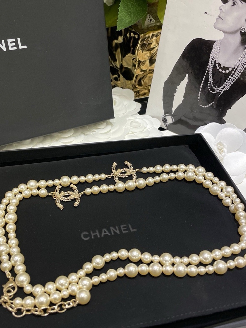 CHANEL Cream Pearl Double Strand Necklace with Gold-Tone CC Accents